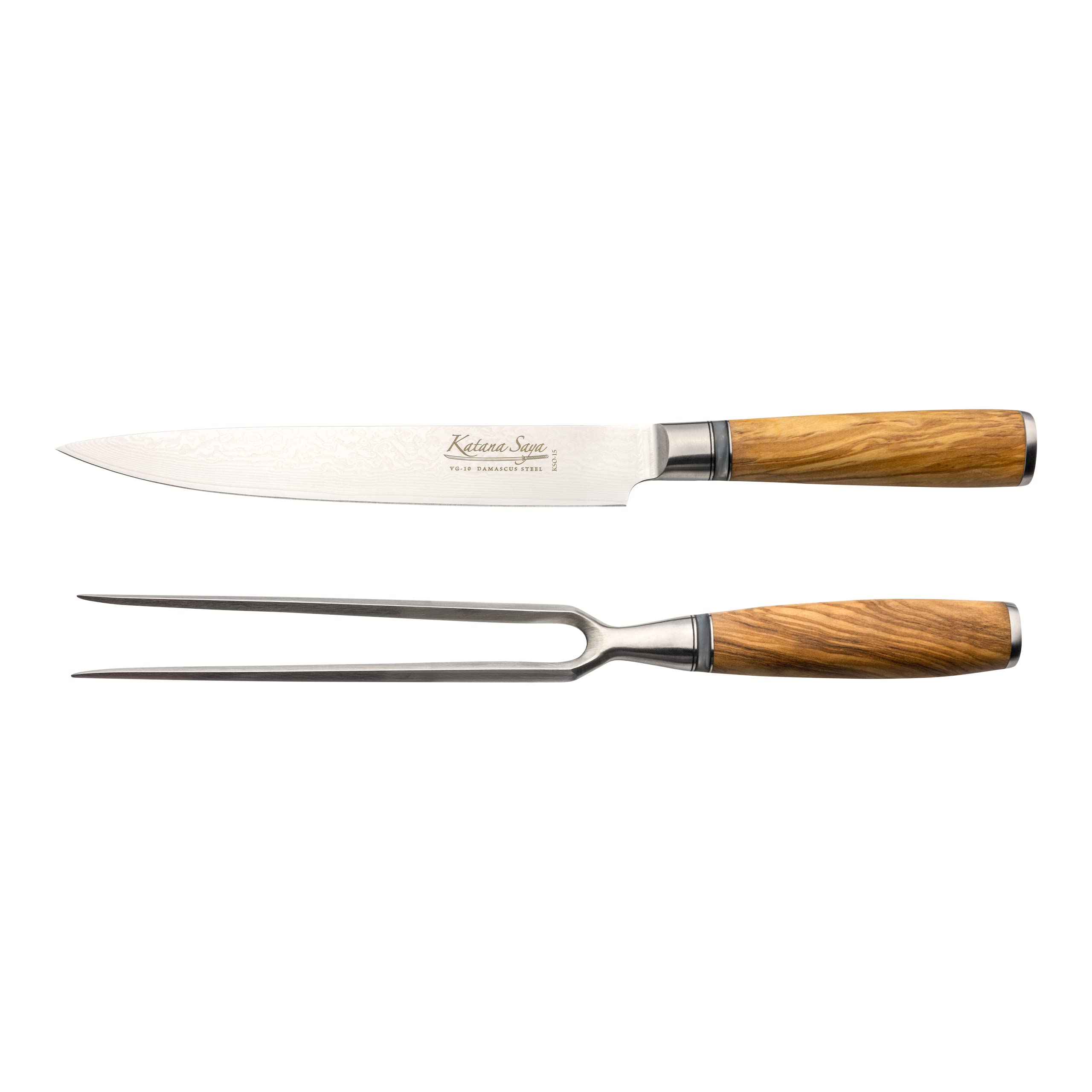Olive Wood Juego de trinchar de 2 piezas, cuchillo trinchador de 20 cm y tenedor trinchador de 18 cm, acero inoxidable damasco VG-10 japonés, mango de madera de olivo natural