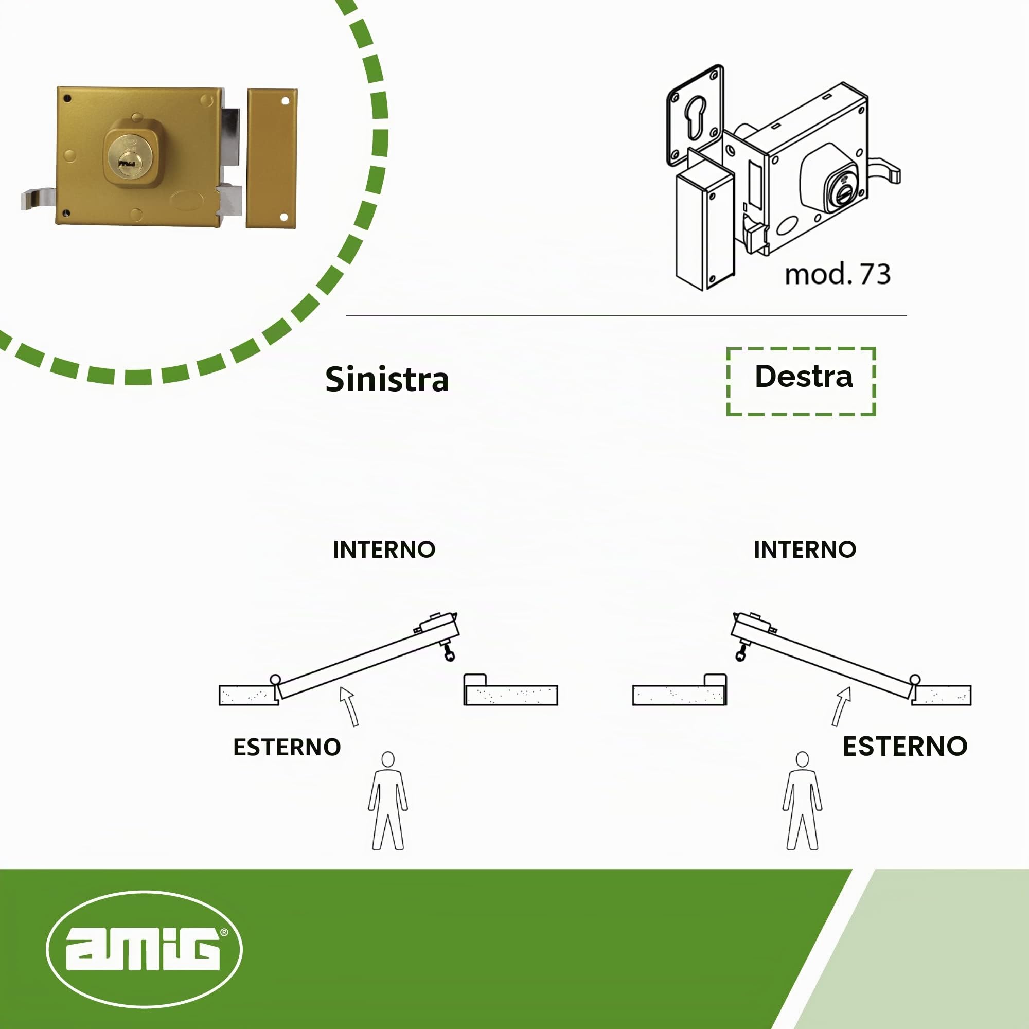 Amig - Serratura da sovrapposizione a destra con leva di chiusura, linguetta e maniglia per porte in legno mod. 73 | 100 x 85 mm | Chiusura con cilindro Europrofilo | Acciaio dorato