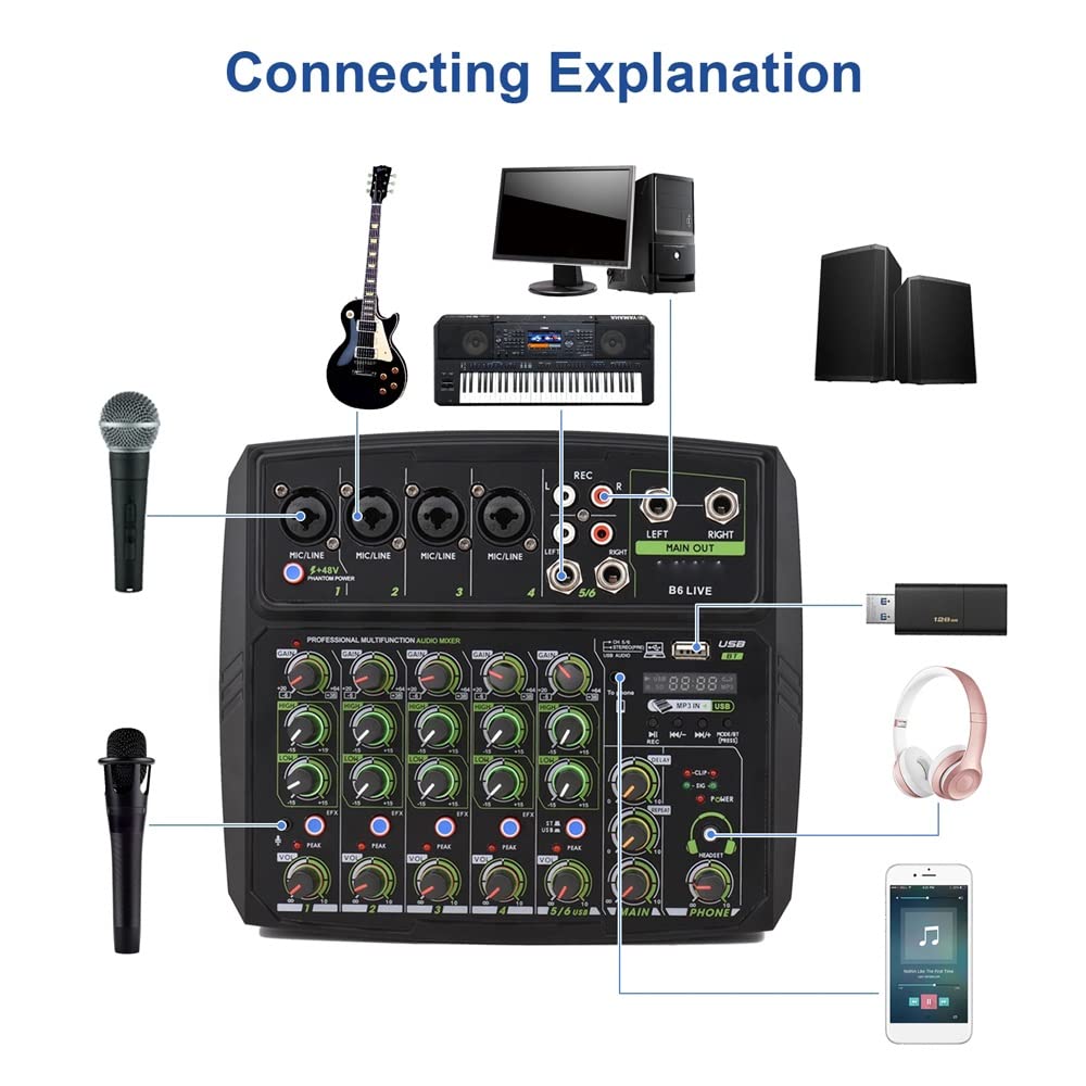 6-K Audio Mixer Mischpult LED Bildschirm Eingebaute Soundkarte BT Anschluss mit 2-Band EQ Gain Delay Control