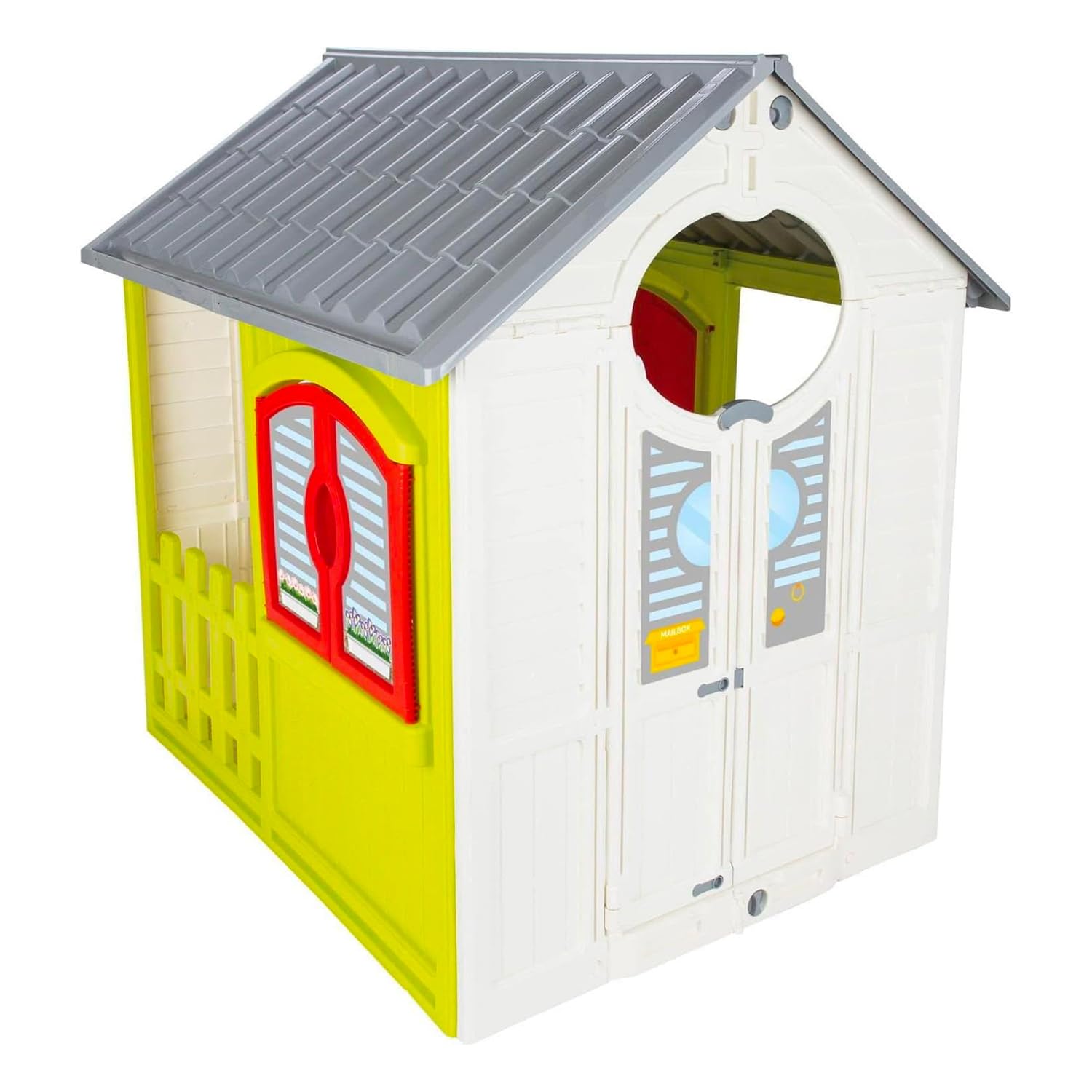 Casetta da Giardino per Bambini, Pieghevole, Design Cottage con Tetto Grigio, Pareti Bianche e Gialle