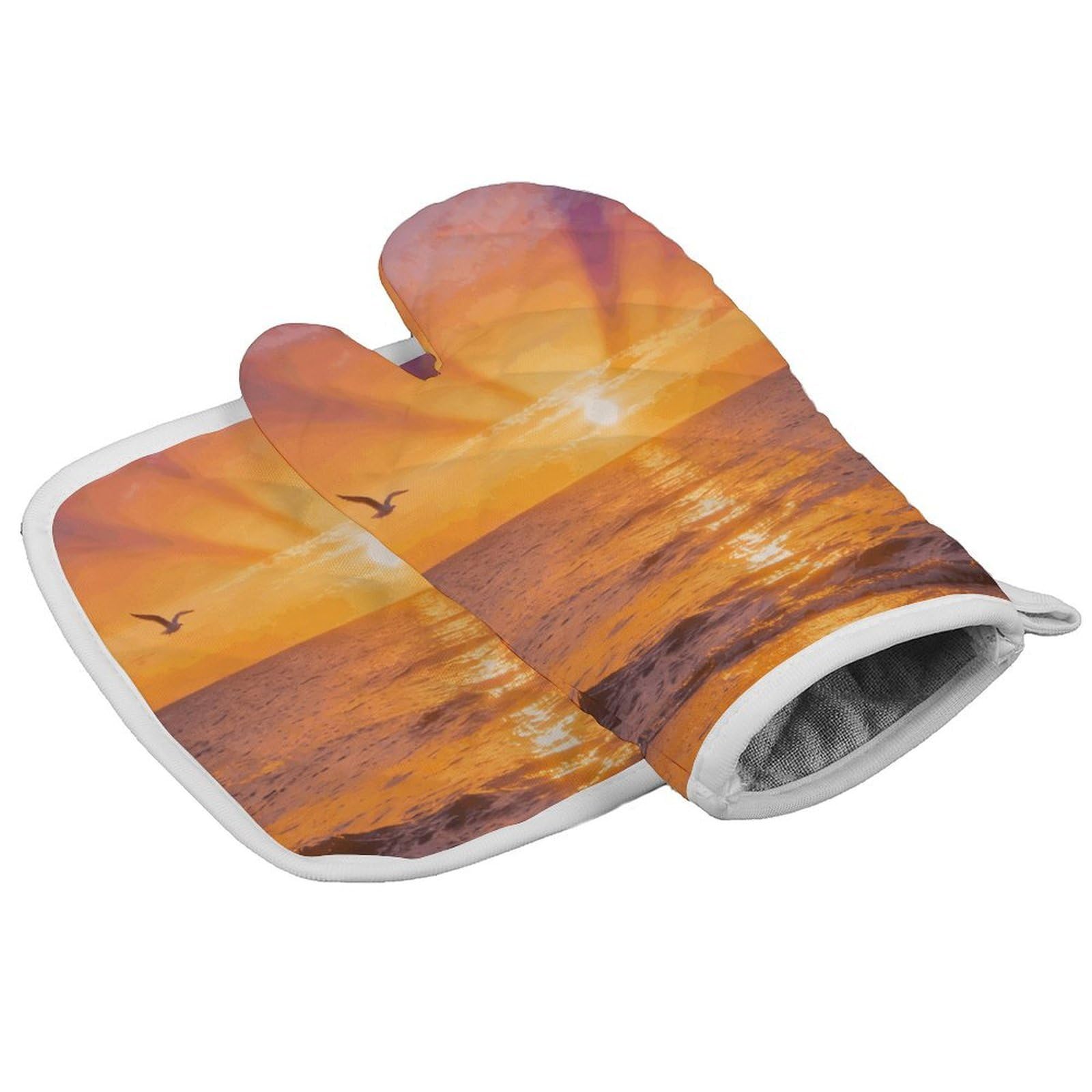 Fodpand Style Ocean Sunset Oven Mitt Set With Lanyard, Cooking Mitt, Protective Thermal Insulation,Kitchen Mitt For Baking, Cooking, Grilling, Microwave