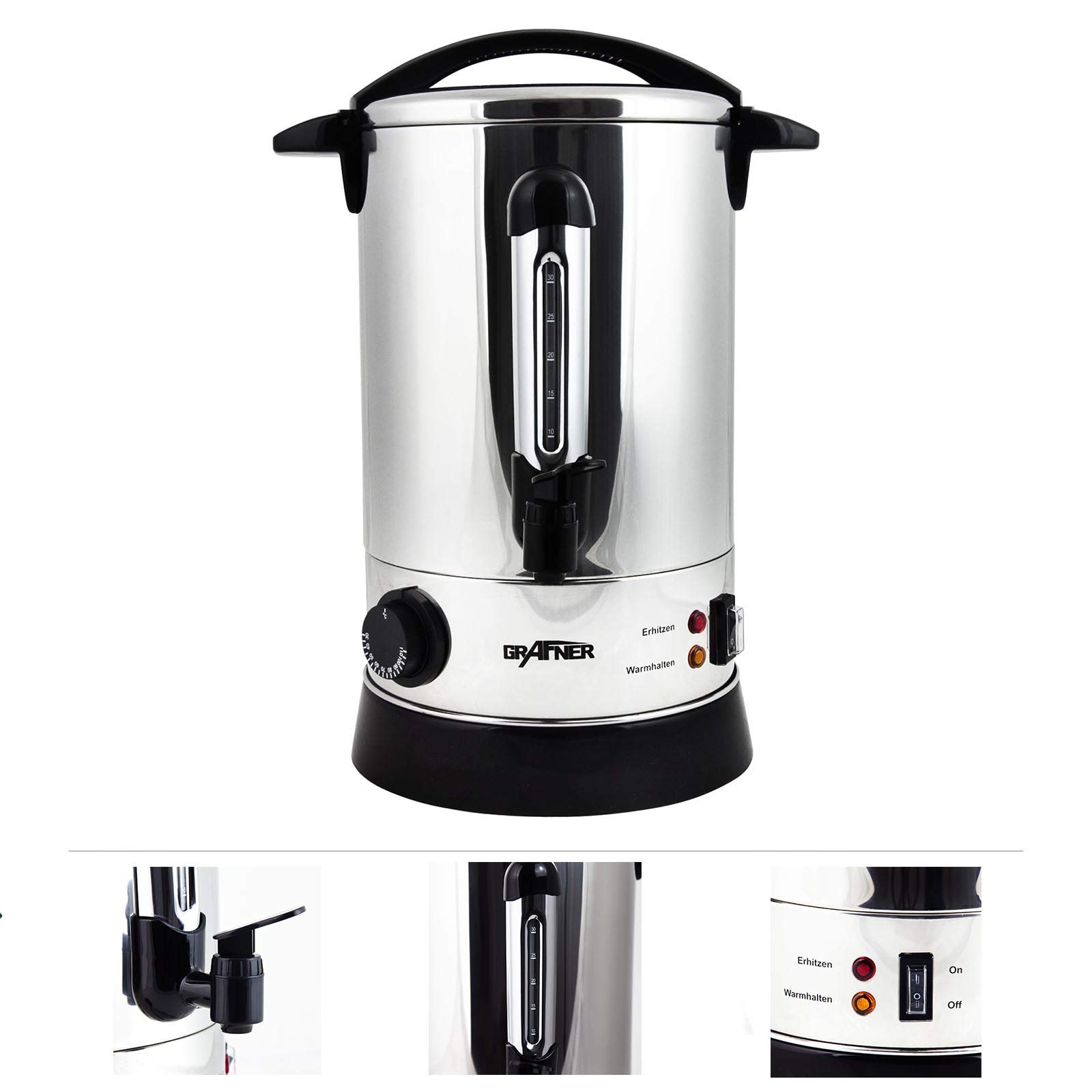 Grafner XL Glühweinkocher aus Edelstahl - 8,8 Liter - 1500 Watt mit Zapfhahn, Thermostat und Überhitzungsschutz Heißgetränkespender