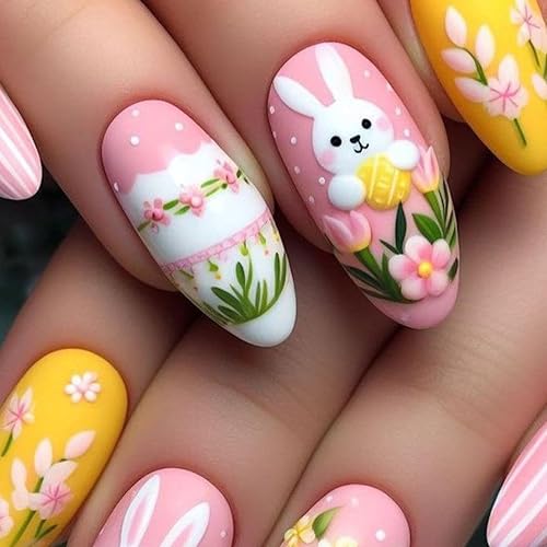 24Pcs Cute Bunny Press on Nails Easter Fake Nails Medium