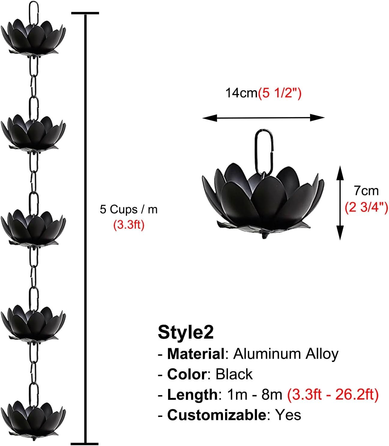 Gutter Rain Chain for Garden Patio Deck, Flower Cups Water Diverter Rain Chain Downspout, White/Black/Copper Colors Rain Chain Chime(Black,7.5m (24.6ft))
