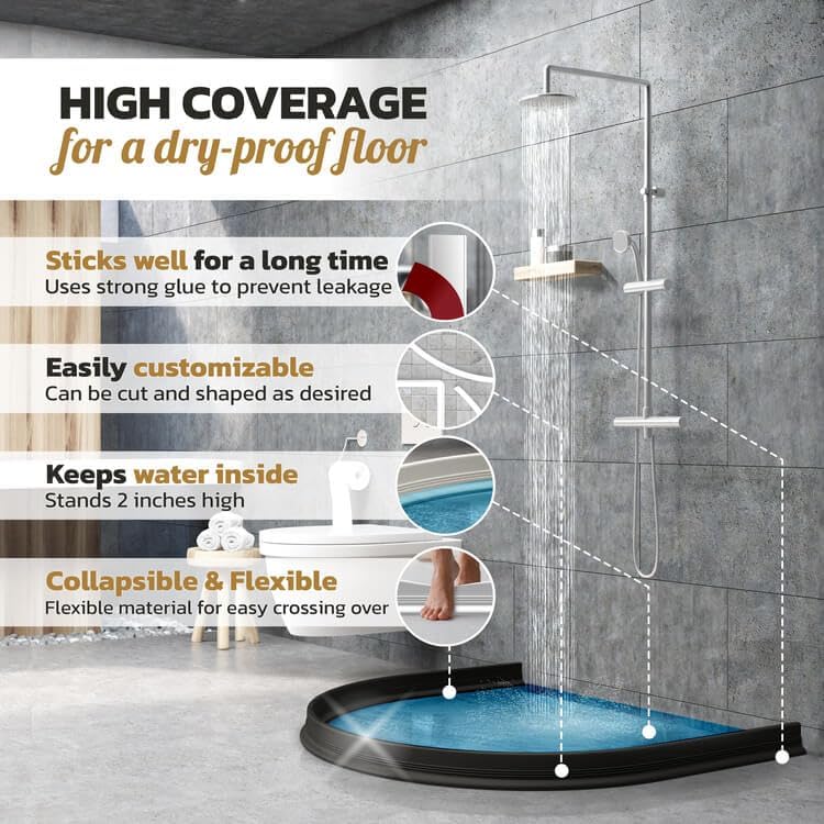 Miniatura 3 de Presa de agua de umbral de ducha de 2 pulgadas de alto y 67 pulgadas, barrera plegable para ducha, barrera de agua para ducha, protección contra