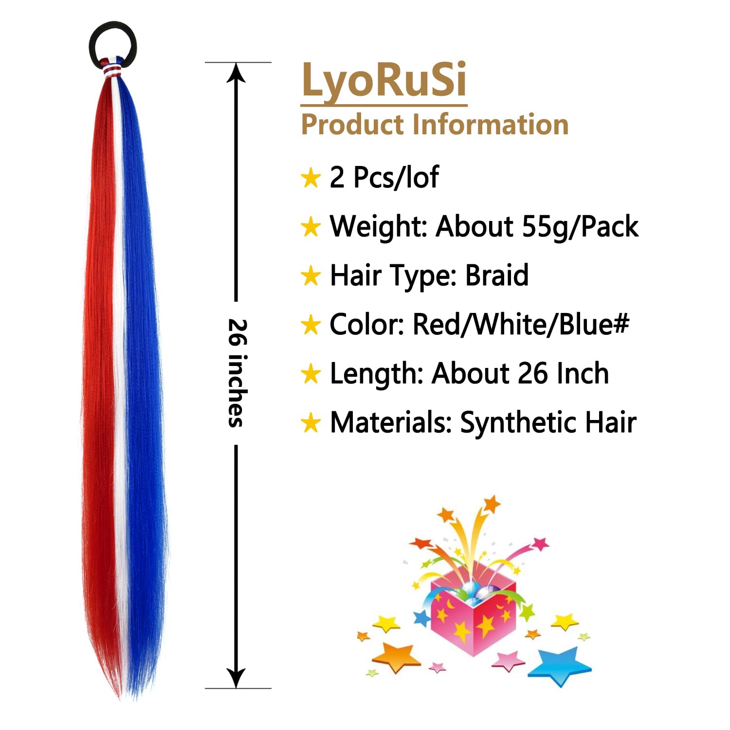 2 Pack Braid Ponytail Extension with Elastic Tie Straight Sleek Wrap Around Extensions Hair Ponytail Extension 26 Inch (Red/White/Blue#)