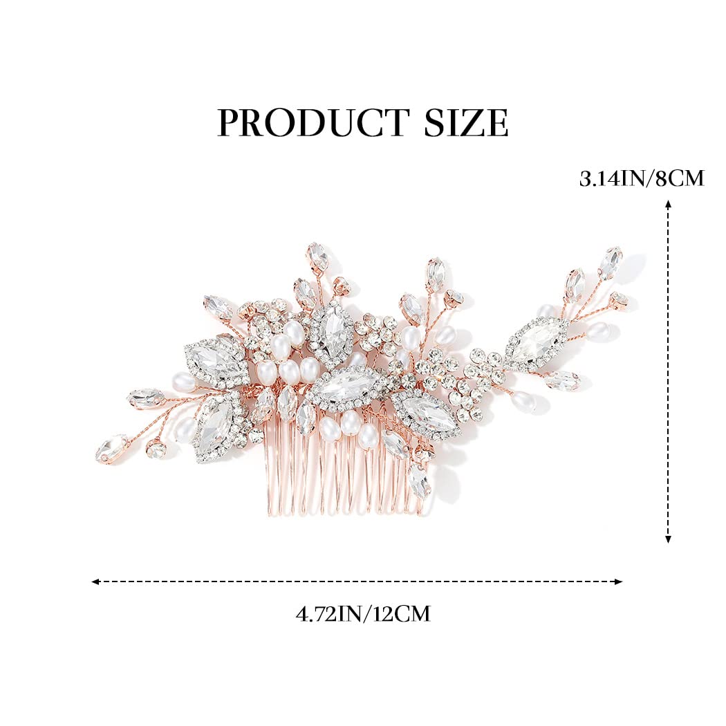 Casdre Crystal Bride Wedding Hair Comb Pearl Bridal Hair Piece Hair Accessories for Women and Girls (C Rose Gold) - Image 6