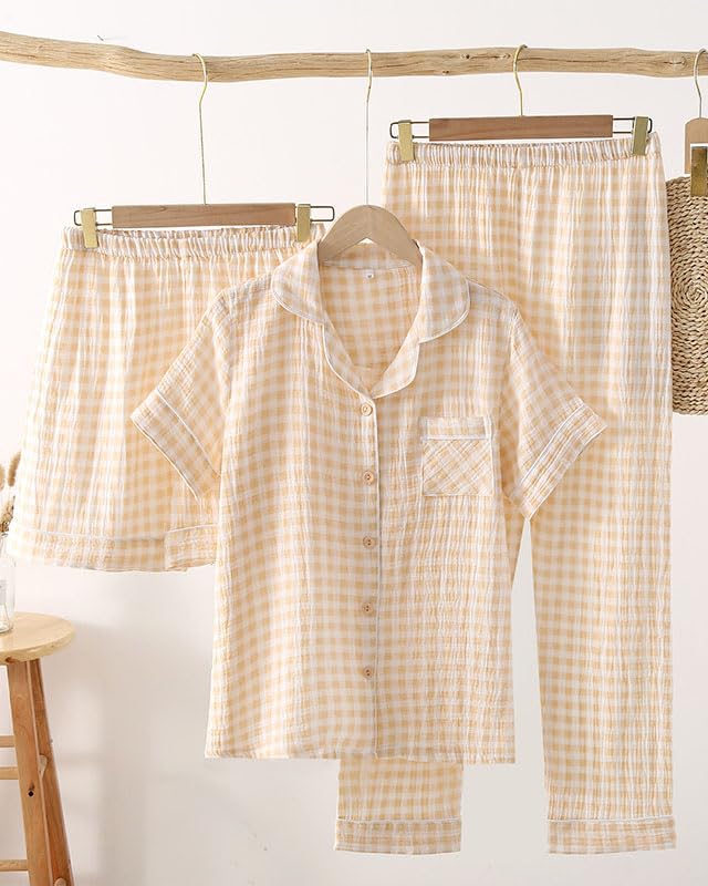 Image of codcm Womens Cotton Pajama Sets Plaid Short Sleeve Button Down Sleepwear Ankle Pants 3 Piece Gingham Pj Set