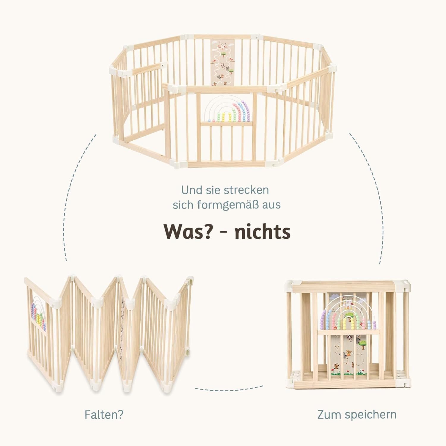Baby Laufstall mit Spielzeug, Faltbares Holz Laufgitter 145×145×61cm | Sicherer & stabiler Großes Babys Laufgitter,Nachhaltiger Laufstall,Fröhliche Krabbelbereich für 1-3 Jahren Babys＆Kleinkinder