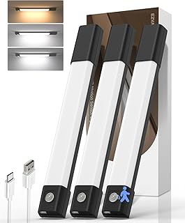 EZVALO 30CM (3 Piezas) Luz LED con Sensor Movimiento, 50 LED Imanes Luz Armario con 3 Temperaturas Color, Recargables USB Cocina/Armario/Dormitorio, Negro[Clase de eficiencia energética G]