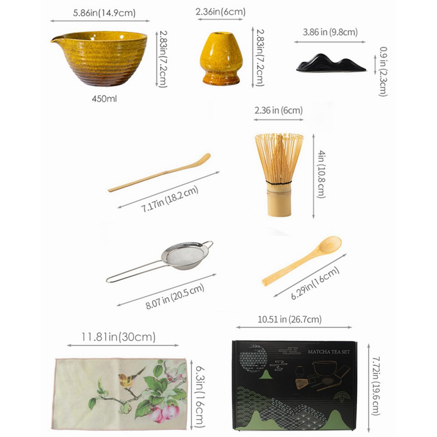 Juego de 8 batidores de matcha con caja de regalo negra, juego de kit de ceremonia de té tradicional japonés, juego de cuencos de cerámica para cambiar el horno, juego de cuencos de matcha a rayas