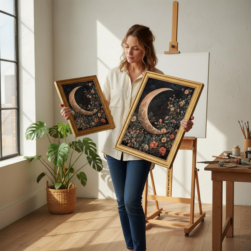 Vintage Gold Framed Wall Art Dark Floral and Moon Painting Picture Wall Decor Gothic Mystical Celestial Flower Poster Print Artwork for Living Room Bedroom Home Decoration 12x16 In