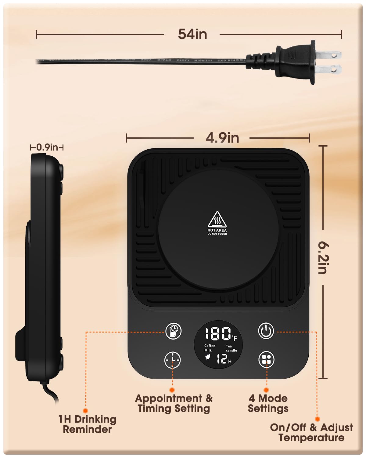 Calentador de taza de café para escritorio, calentador de café eléctrico inteligente mejorado 2024, recordatorio de agua de bebida de 1 hora, 4 modos, apagado automático de 8 horas, 9 temperaturas, 8