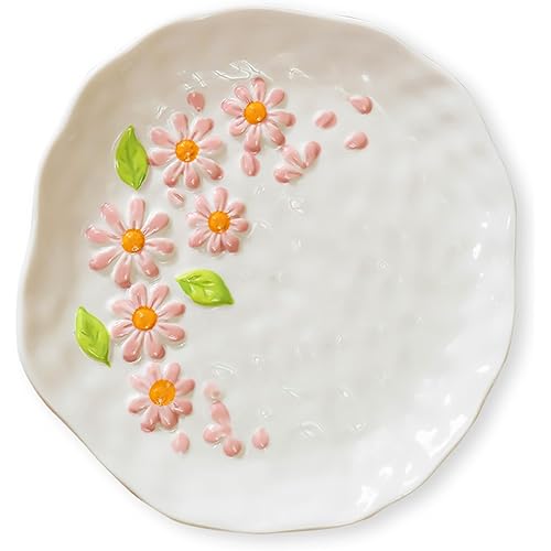 Peauley Handmade Irregular Embossed Floral Porcelain Plates for Snack, Dessert, Salad, Appetizer, 8 Inches Handpainted Small Ceramic Dinner Dishes, Kitchen Dinnerware, Dishwasher Microwave Safe (Pink)