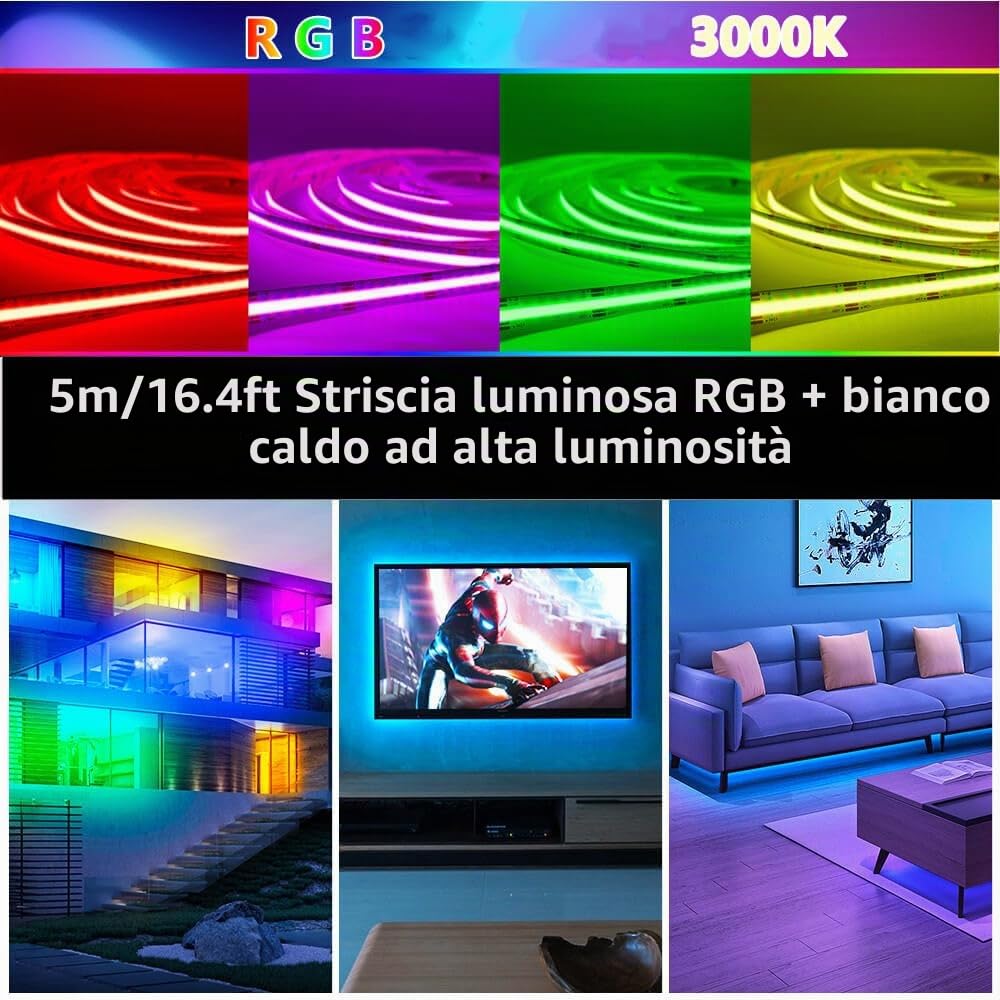 Striscia LED COB RGBW, CC 24 V, 5 m, dimmerabile, RGB, bianco caldo, flessibile, ad alta densità, luce uniforme, 3920 LED, 5 fili RGBWW per illuminazione ambientale, solo striscia LED RGBW, senza