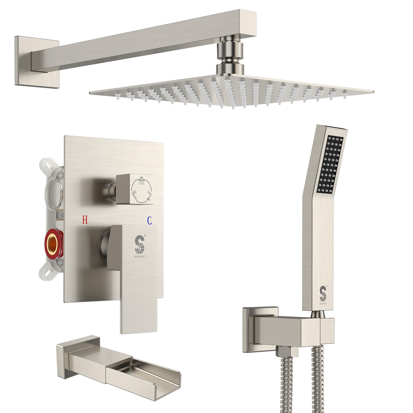 SR SUN RISE 12 Inches All Metal Bathtub Faucet Set Shower System with Tub Spout Square Rain Shower Head and Handheld Combo Shower Fixtures, Modern Valve and Trim Kit, Brushed NickelWaterSense