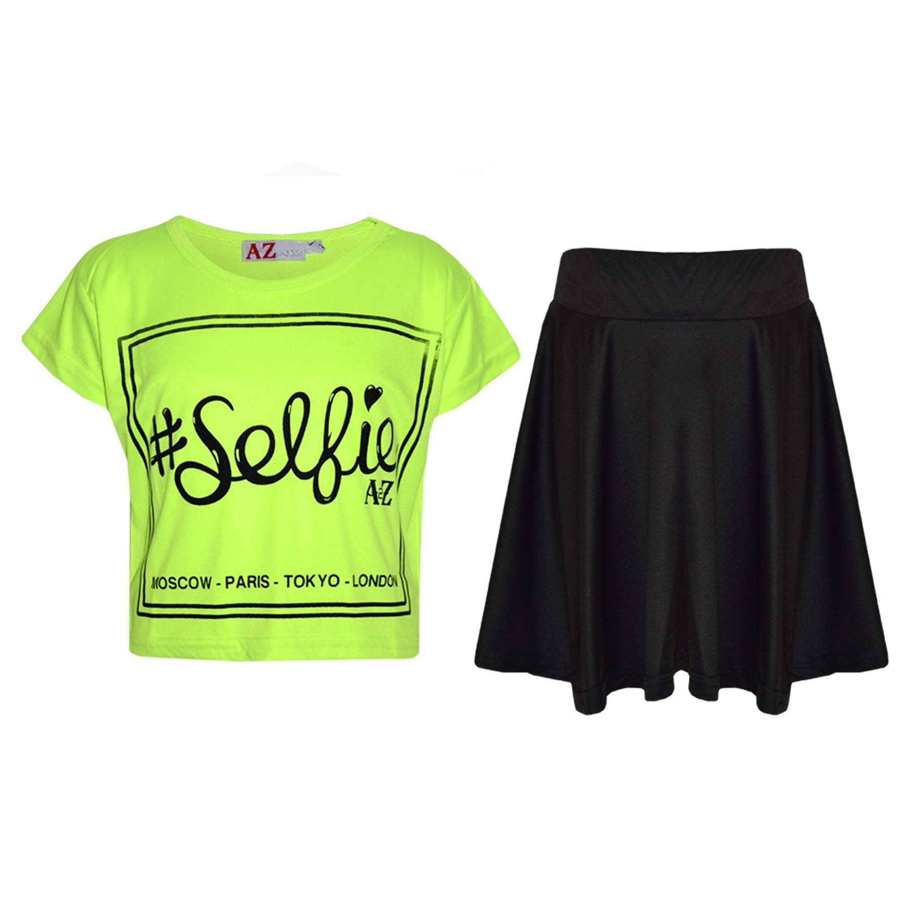 A2z 4 Kids Girls Neon Green Top Kids Selfie - New Crop Top #Selfie Skirt N. Green 9-10