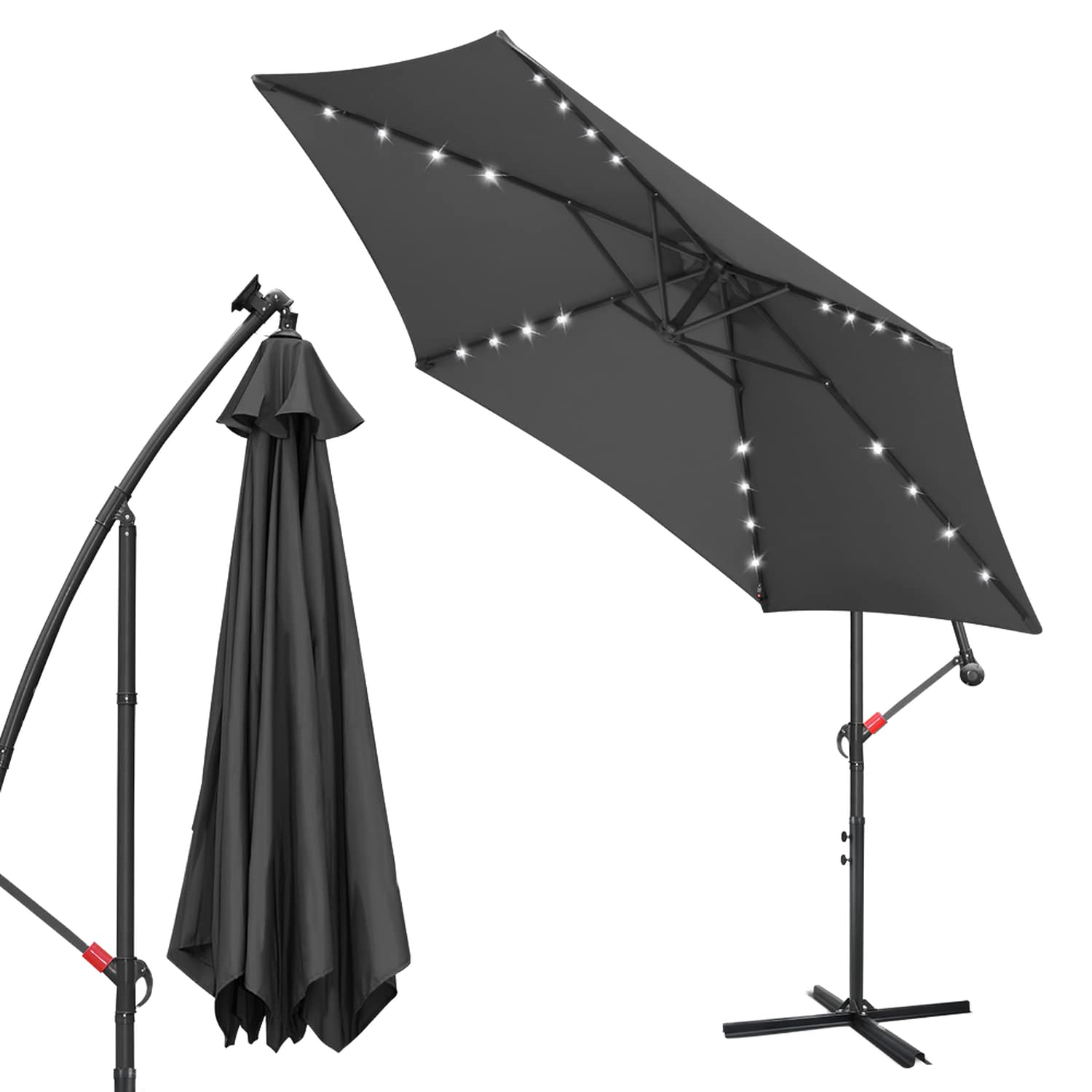 Aluminiowy parasol przeciwsłoneczny z ochroną UV 40+, z oświetleniem LED, solarny, do ogrodu, z regulacją wysokości, składany, szary, 3.5m