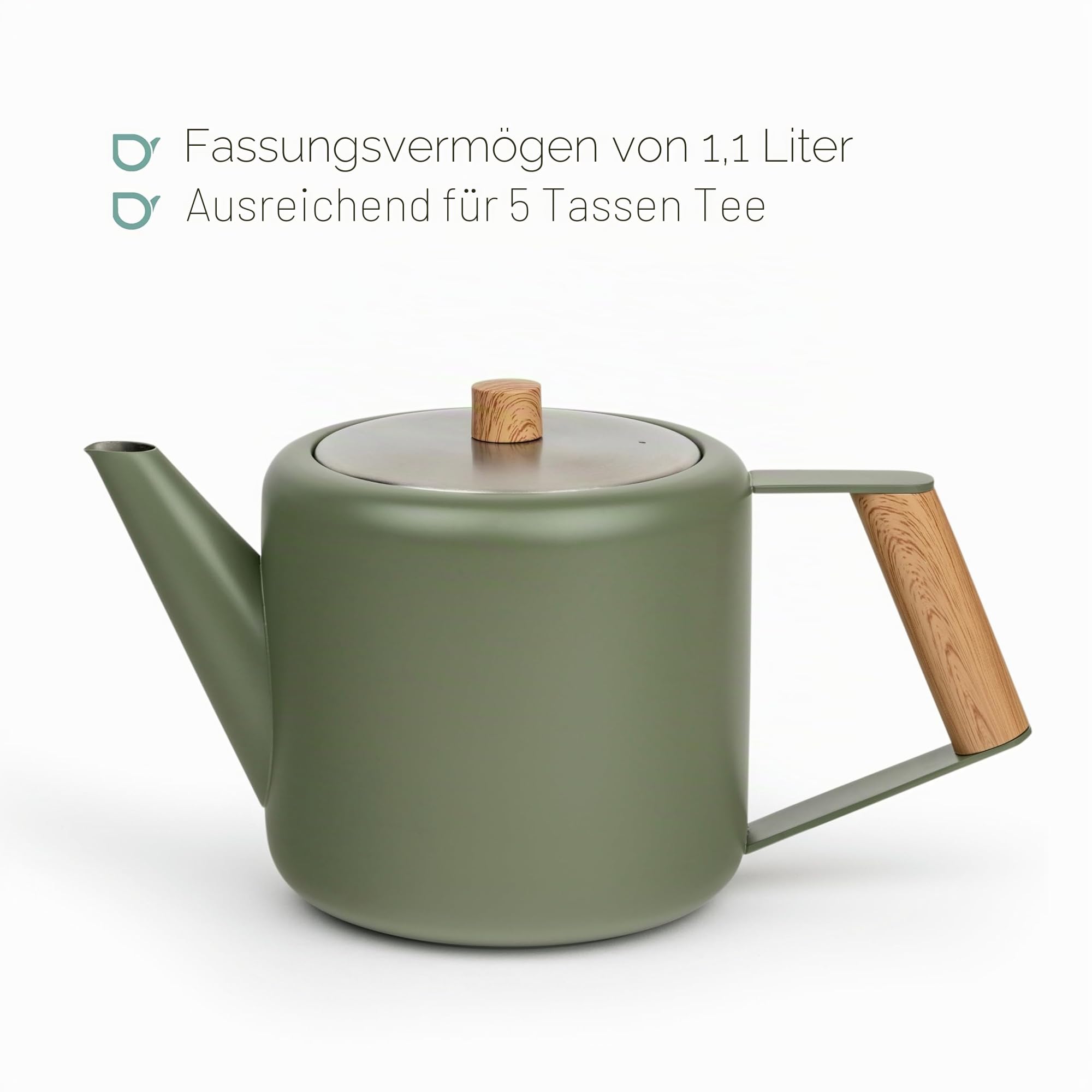 Bredemeijer grüne Edelstahl Teekanne 1.1 Liter - Griff in Holzoptik - doppelwandige Retro Kanne - für längeren, warmen Teegenuss