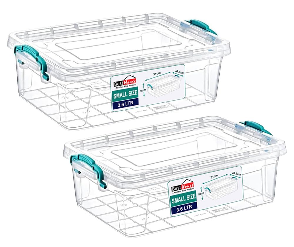 Best House|Plastic Storage Box with Clips & Lid|Size 3.6L(L:31.2cm W:20.5cm H:9.4cm)|Set of 2|Stackable Clear Durable Multipurpose Office supplies Home Kitchen Tools Crafts Household(SMALL Size)