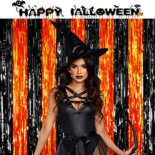 Foil Fringe Curtains Halloween Party Decorations, Yomiie 2pcs 3.3ft x 6.5ft Black & Orange Halloween Tinsel Curtain Party Photo Booth Props Backdrop Perfect for Indoor Halloween Hanging Decor