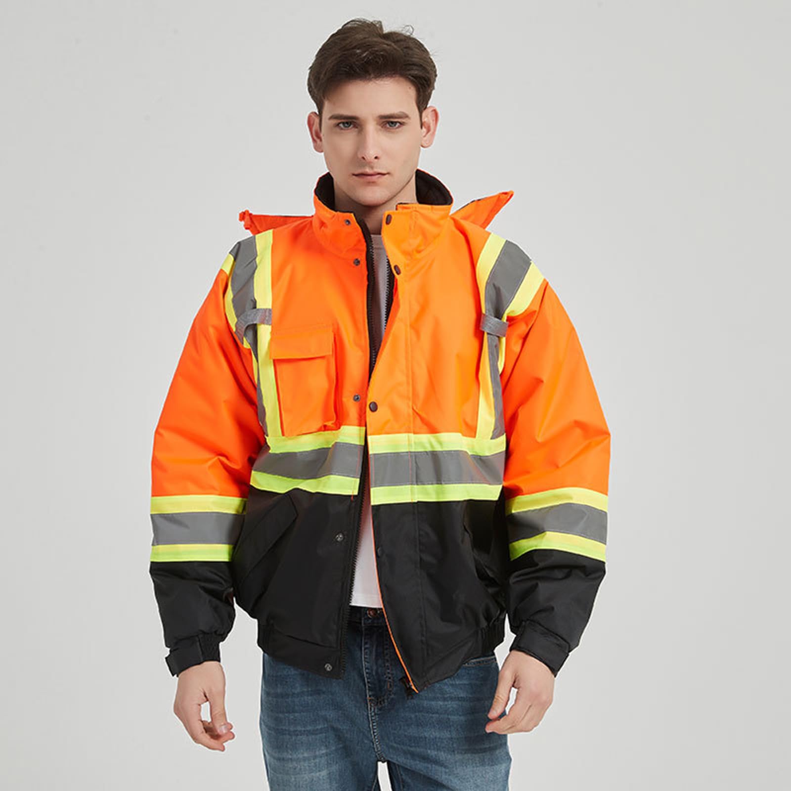 Giacche da lavoro ergonomiche ad alta visibilità Giacche isolate riflettenti resistenti agli spruzzi per un movimento confortevole sui siti di lavoro con cappuccio regolabile
