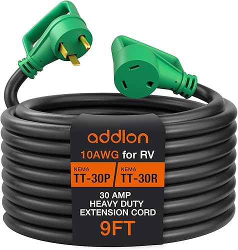 addlon 30 Amp 9 Feet RV Extension Cord with Adapter 50M30F, Heavy Duty 103 AWG Gauge STW Cord with Storage Bag and Cord Organizer, TT-30PR Standard