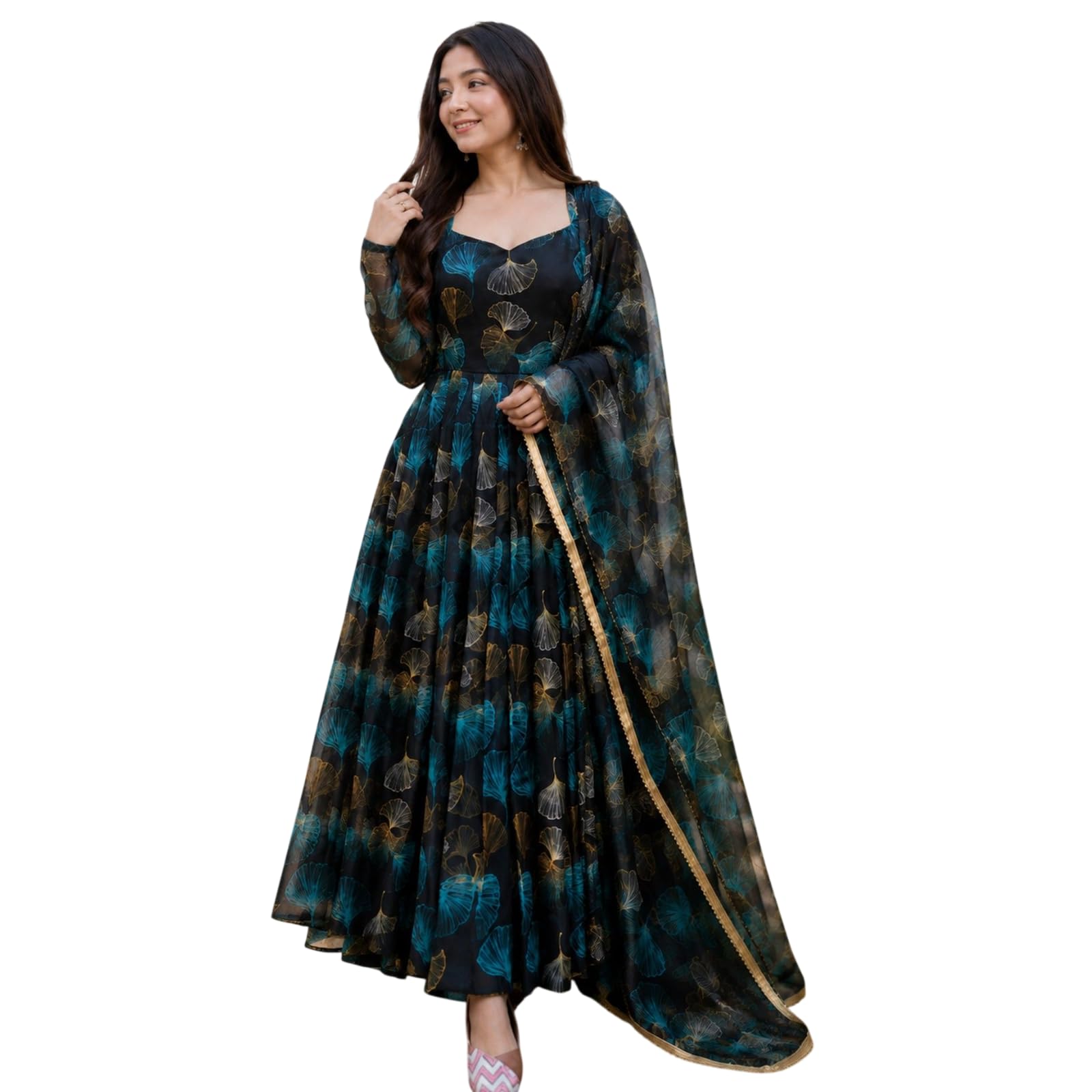 Women's Georgette Printed Anarkali Gown with Dupatta | Floral Leaf Print Ethnic Dress for Women | Long Sleeve Flared Kurta Set | Party Festive & Wedding Outfit-image-46