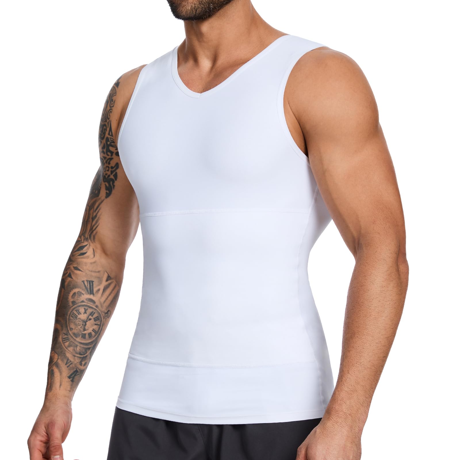 SLIMBELLE Gilet de compression pour homme avec col en V élastique et amincissant - Contrôle du ventre - Couche de base - Haut de compression galbant pour homme