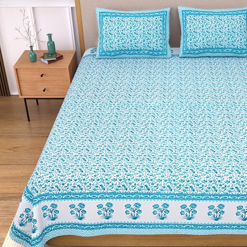 Image of India 100% Pure Cotton Jaipuri Printed Double Bedsheet with 2 Pillow Covers | Traditional Sanganeri Floral Design | Soft Breathable Fabric | King Size Bedsheet for Bedroom (Kaya31)
