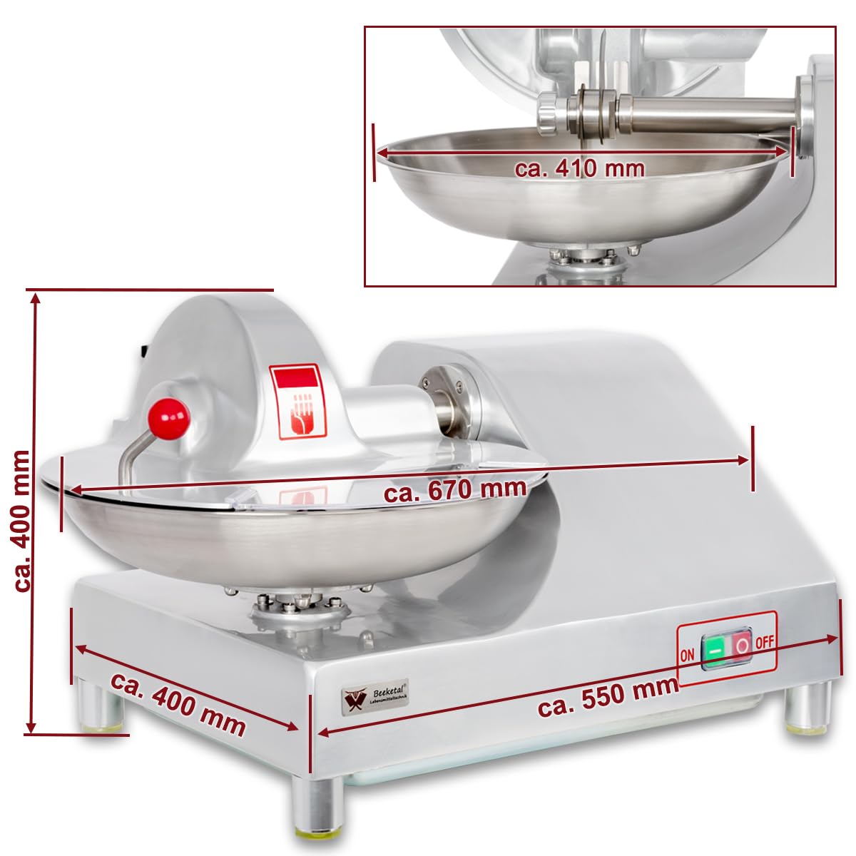 Beeketal Metzger Fleischkutter 'BFK9' Profi Tischkutter mit ca. 6,4 Liter Volumen für 2,5 kg fertiges Brät, Spezialklingen aus gehärtetem Edelstahl, 400W Motor für 1460 U/min (20 U/min Schüssel)