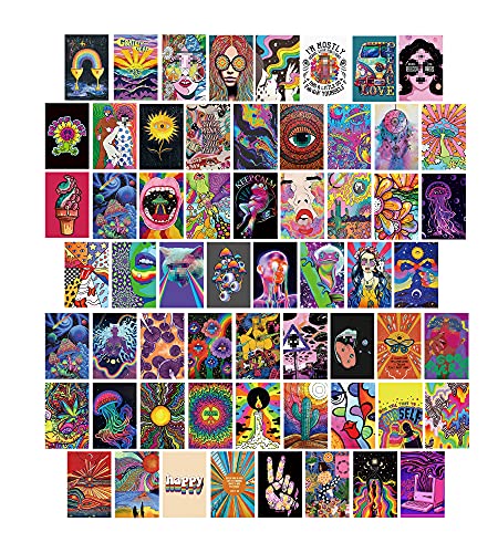 Btaidi 60PCS Hippie Trippy Drippy Aesthetic Pictures Wall Collage Kit for Indie Wall Trippy Wall Art Print for Girls Boys ,Wall Decor Posters for Teen Girls Bedroom, Dorm Room Photo Collage Kit Wall Decor 4x6 inch