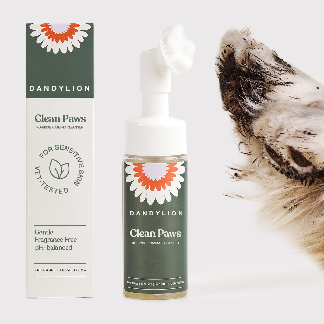 Dandylion Clean Paws | No-Rinse Foaming Cleanser | Gentle, Fragrance-Free, and pH Balanced to Provide a deep Clean Safe for All Dogs | 5fl oz. Bottle with Silicone Bristle Brush