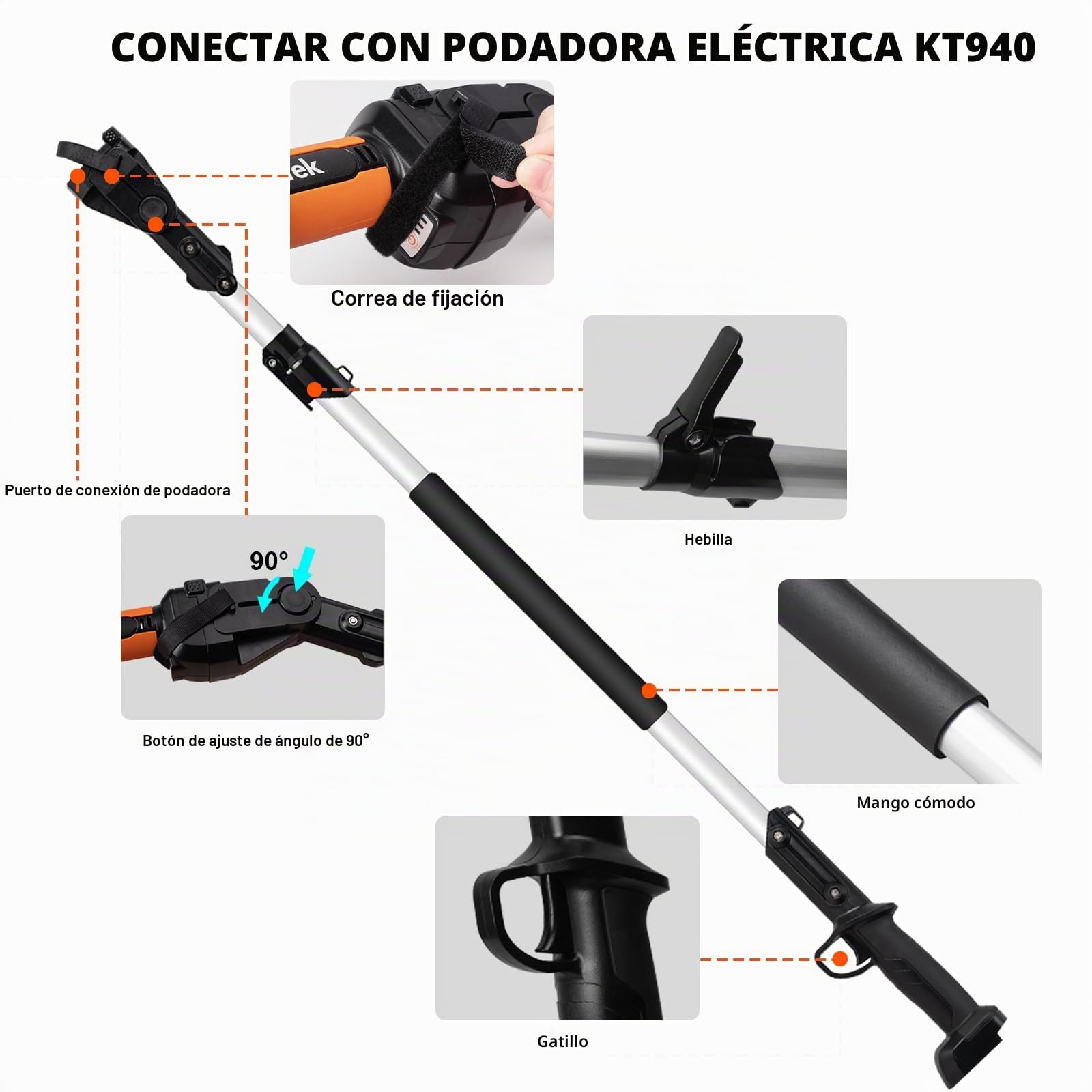 Vara Telescópica Kebtek Para Tijeras de Podar Eléctricas | Vara extensible de aluminio KPRO 21 V, 1,7 m–2,4 m, regulable en 2 tramos, compatible con KT940/KT933/KTE-35/KT9035/KTN-35
