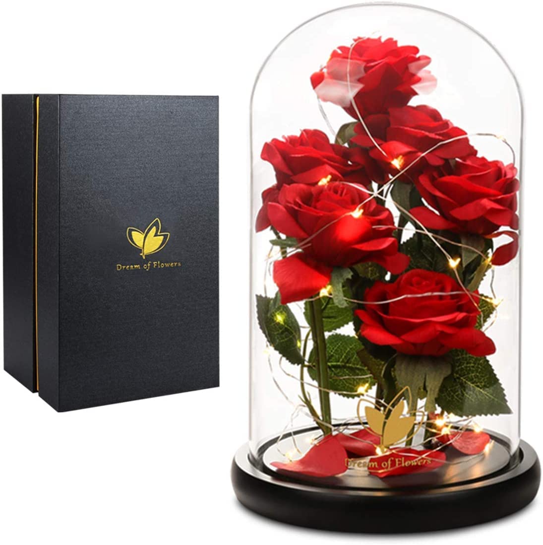 Mothers Day Rose Gifts for Women,Beauty and Beast Rose in Glass Dome with LED Light,Glass Rose Flower Gifts for Family Valentines Birthday Gifts for Women Mom W