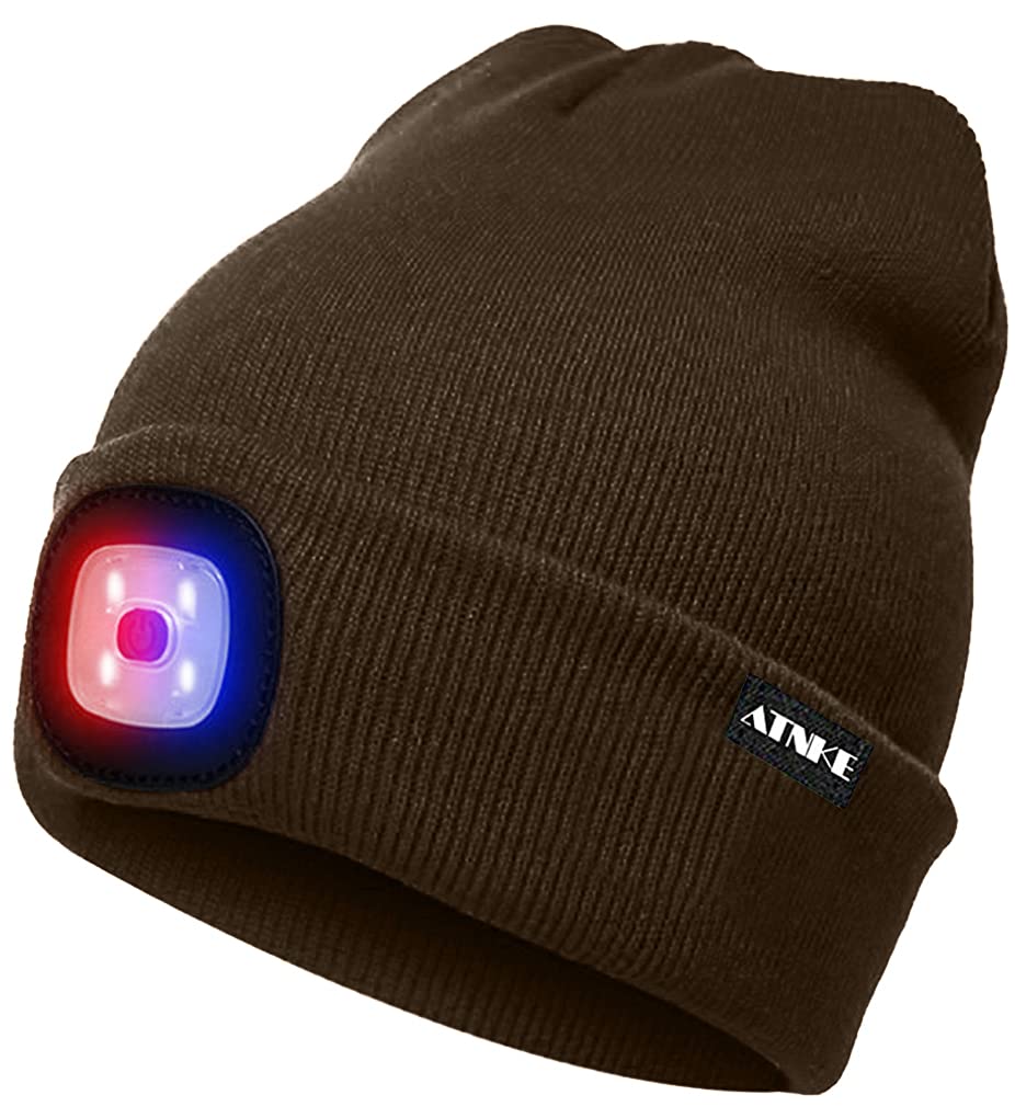 Atnke Men's Coffee Led Lighted Beanie Cap,Usb Rechargeable 4 Led Red And Blue Glow Flashing Running Headlamp Hat Winter Warm Gifts For And Wo