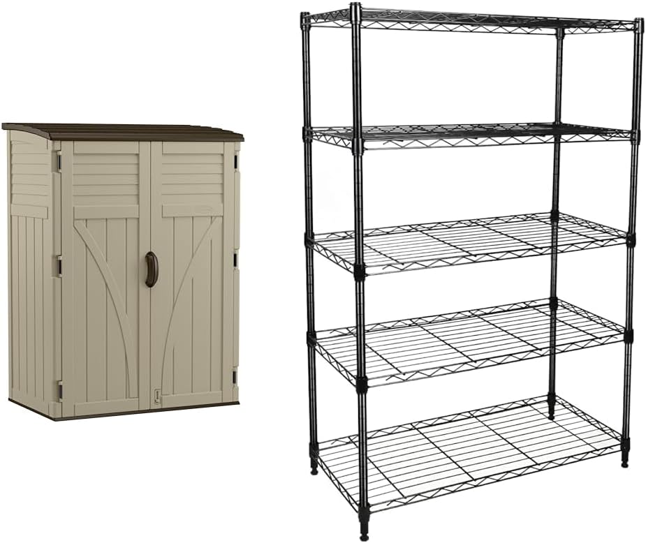 Suncast 54 Cubic Feet Vertical Storage Shed with Durable Plastic Construction & Simple Deluxe Heavy Duty 5-Shelf Shelving Unit 1250Lb Capacity, 29.92" D x 13.98" W x 62.99" H