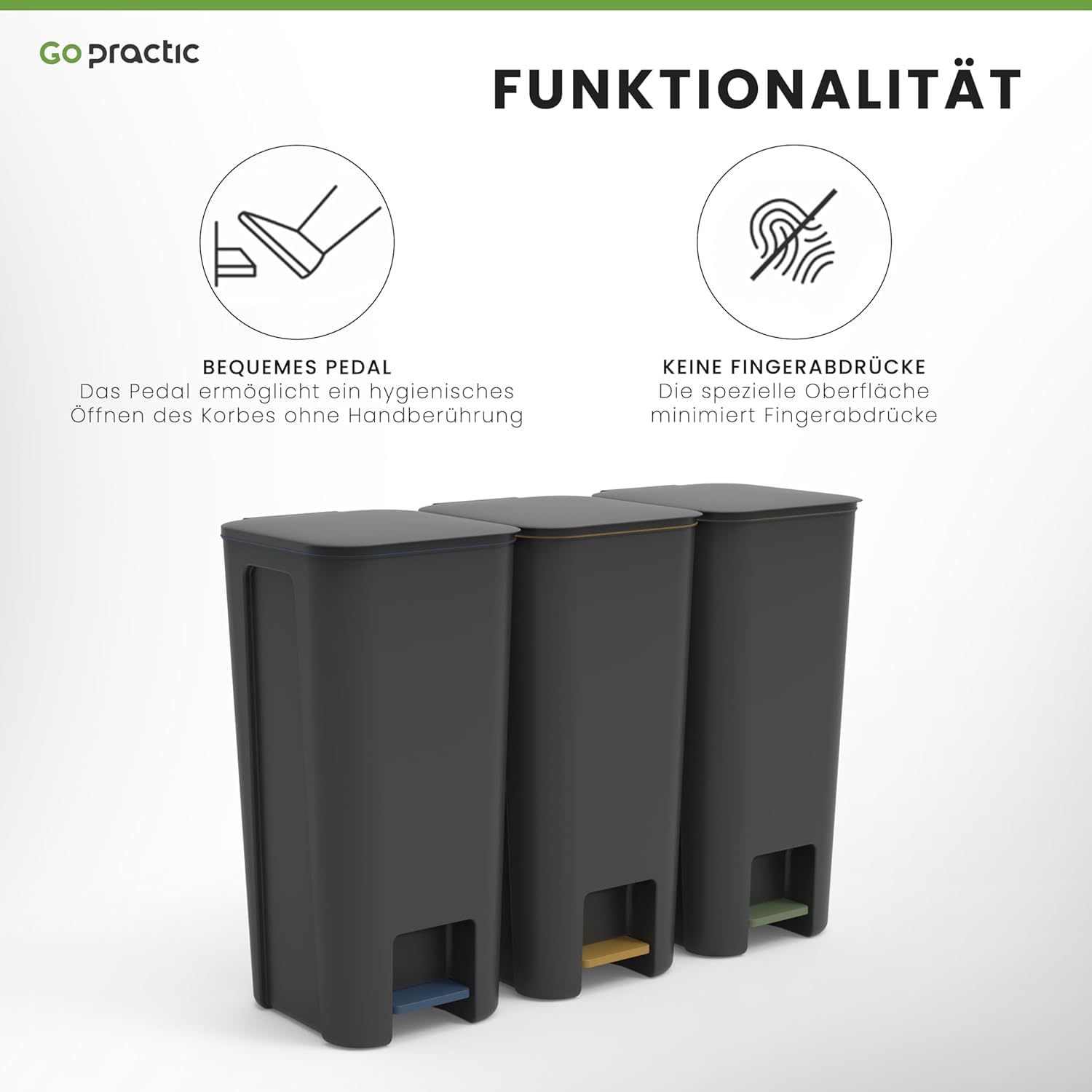 Treteimer Set 3x40L Grau, Tretmülleimer mit Pedal und Deckel, Mülleimer, Mülltrennsystem für Papier, Kunststoff, Glas, Küchenmülleimer Recycling, Küche