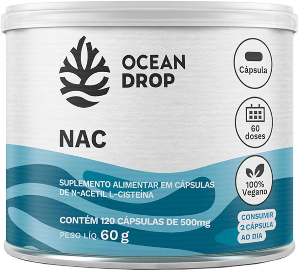 NAC 600mg Ocean Drop 120 Cápsulas Antioxidante Precursor da Glutationa Vegano Sem Glúten Saúde do Fígado Imunidade Detox Alta Potência Suplemento
