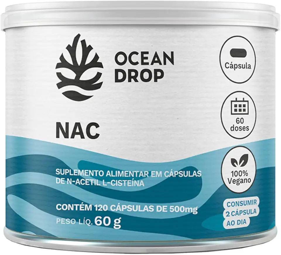 NAC 600mg Ocean Drop 120 Cápsulas Antioxidante Precursor da Glutationa Vegano Sem Glúten Saúde do Fígado Imunidade Detox Alta Potência Suplemento