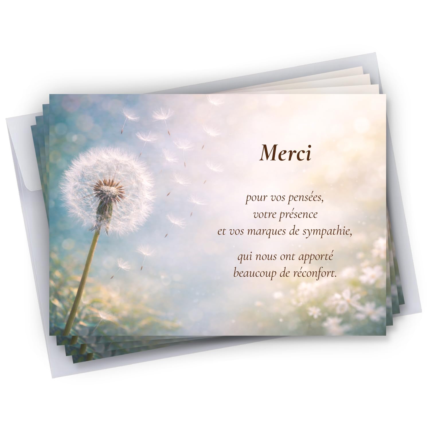 Lot de 50 Cartes de remerciements décès condoléances + 50 Enveloppes autocollantes Visuel Pissenlit 10x15 cm