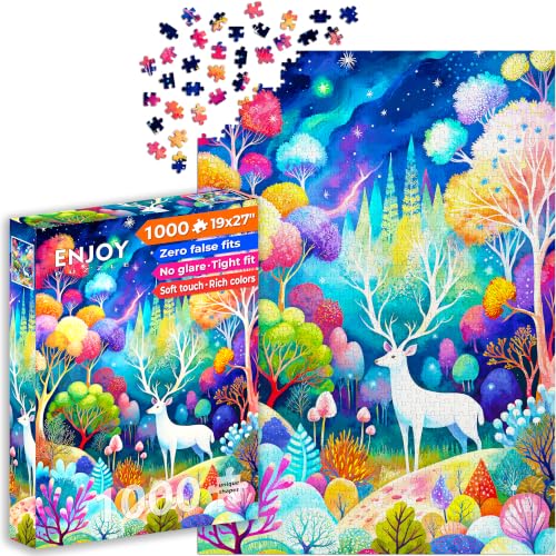 Puzzle 1000 pièces pour Adultes - Cerf Sauvage dans Une forêt Fantastique | Finition Mate antireflet | Puzzle Amusant et exigeant | 68 x 48 cm | Cadeau Original | Enjoy