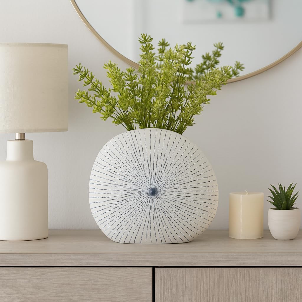 Ceramic Shell Vase with Dotted Pattern for Living Room Decor and Home Accents - Decorative Flower Vase for Room, Bedroom, or Office Display - Perfect for House and Table Styling - 12", White & Blue
