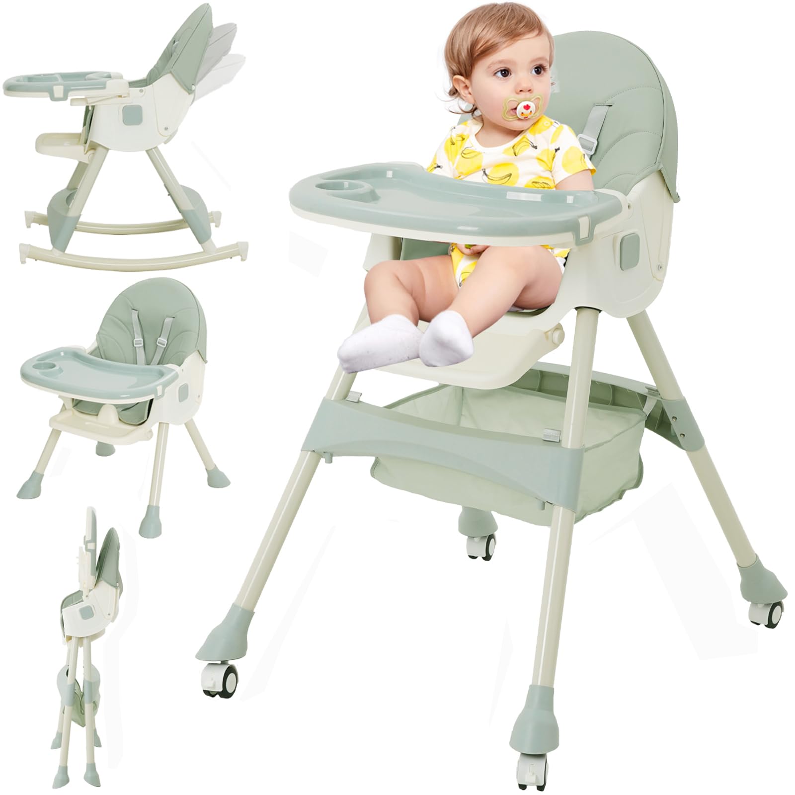 Trona Bebé Evolutiva 3 en 1,Plegable,Reclinable,Doble Bandeja Desmontable,con Ruedas Universales,3 Respaldos Ajustables y Cinturón de Seguridad de 5 Puntos,Para Bebés a partir de 6 Meses,Verde