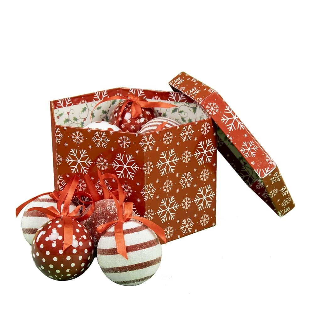 The Christmas Workshop Set of 14 Christmas Baubles/Various Festive Designs/Gift Boxed Christmas Tree Decorations / 7.5cm Diameter Baubles (Red & White Snowflake)