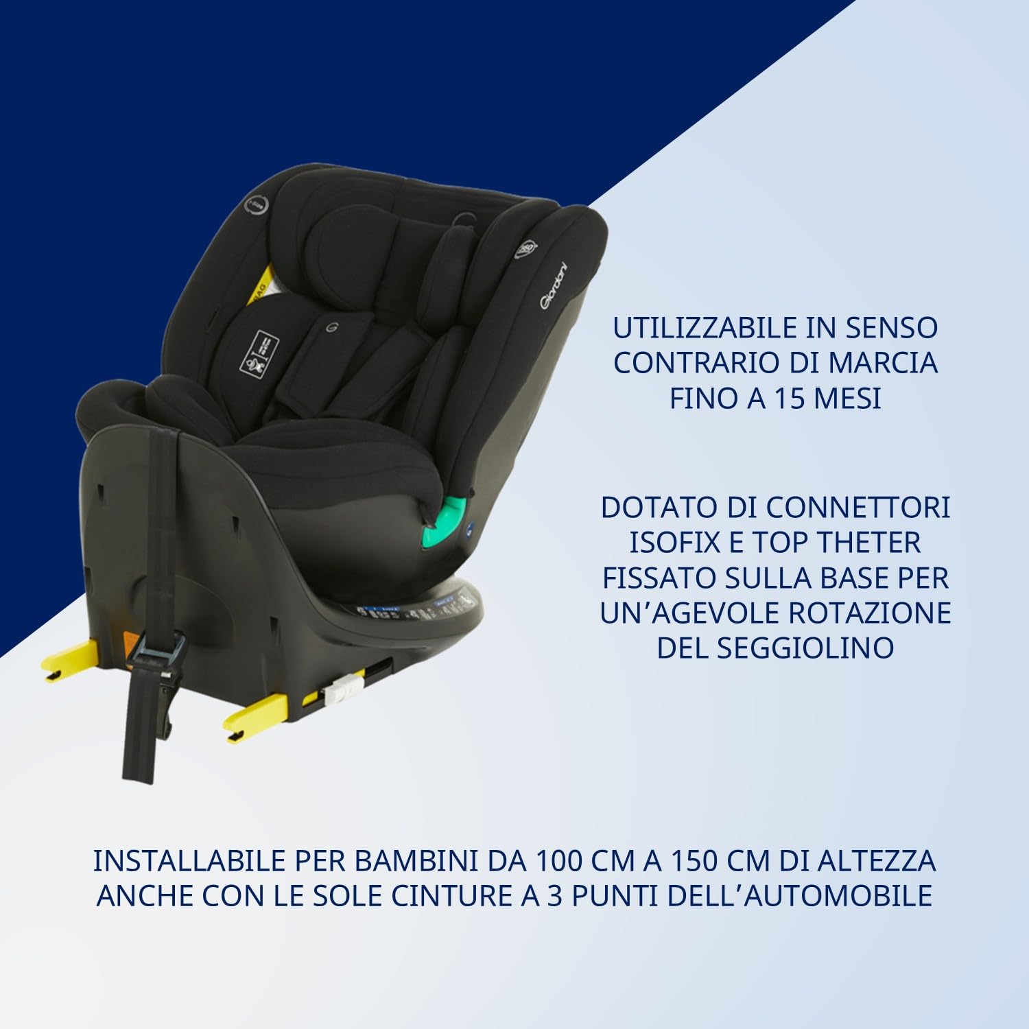Giordani Polaris Seggiolino Auto 40-150 cm i-Size, Base Girevole 360° con Rotazione a una Mano, Isofix e Top Tether sulla Base, Evolutivo 0-12 Anni, Protezione R129/03