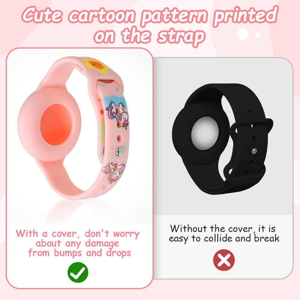 AXFEE Pulsera Compatible con Airtag - 2 Piezas de Silicona para Niños, Funda Protectora Ajustable Antipérdida, Impermeable, Unicornio + Arcoíris Rosa (Airtag No Incluido) - 4