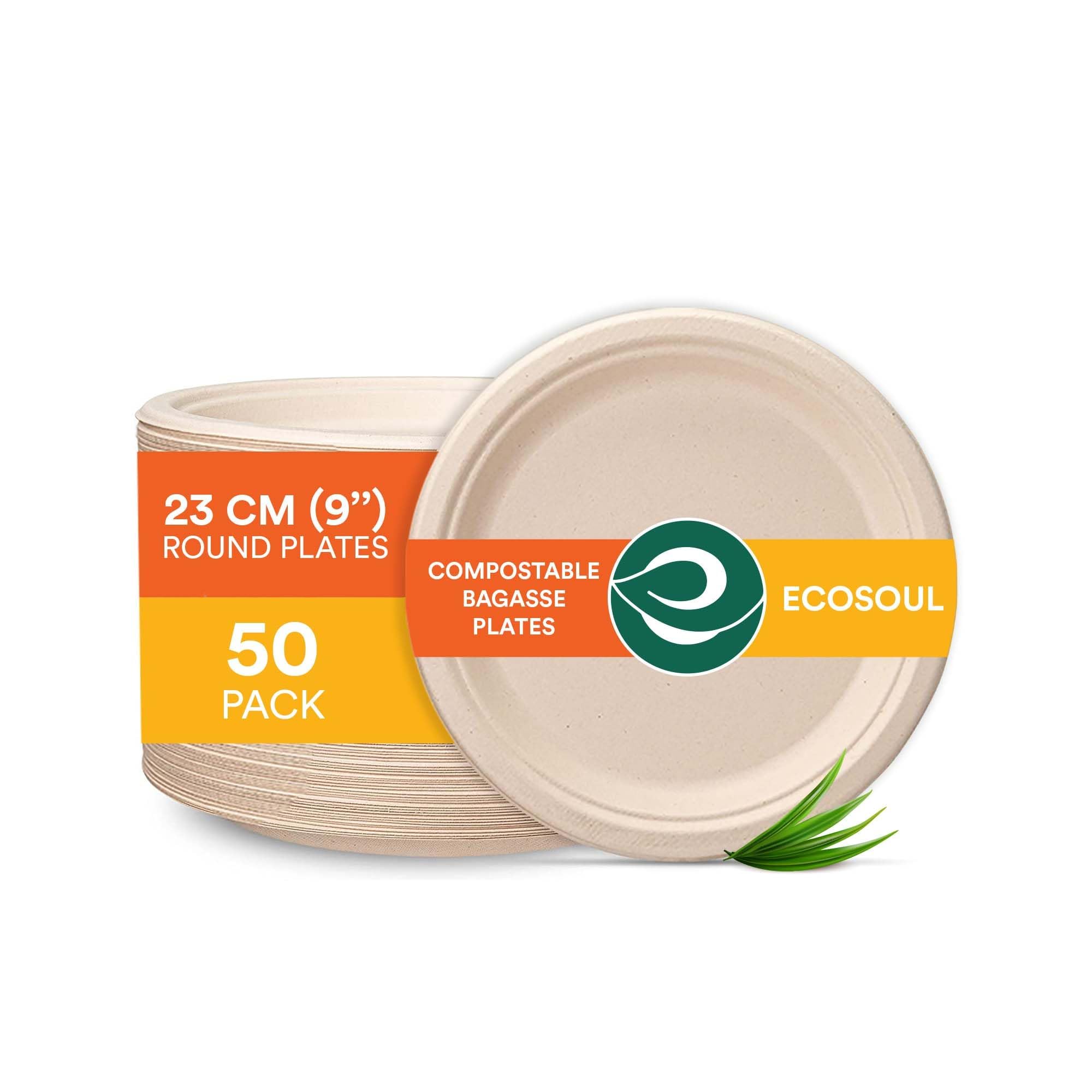 ECO SOUL 100% Compostable 23cm (9") Inch Paper Plates [50-Pack] Disposable Bulk Party Plates I Heavy Duty Eco-Friendly Sturdy Dinner, Wedding, Event I Unbleached Sugarcane Eco