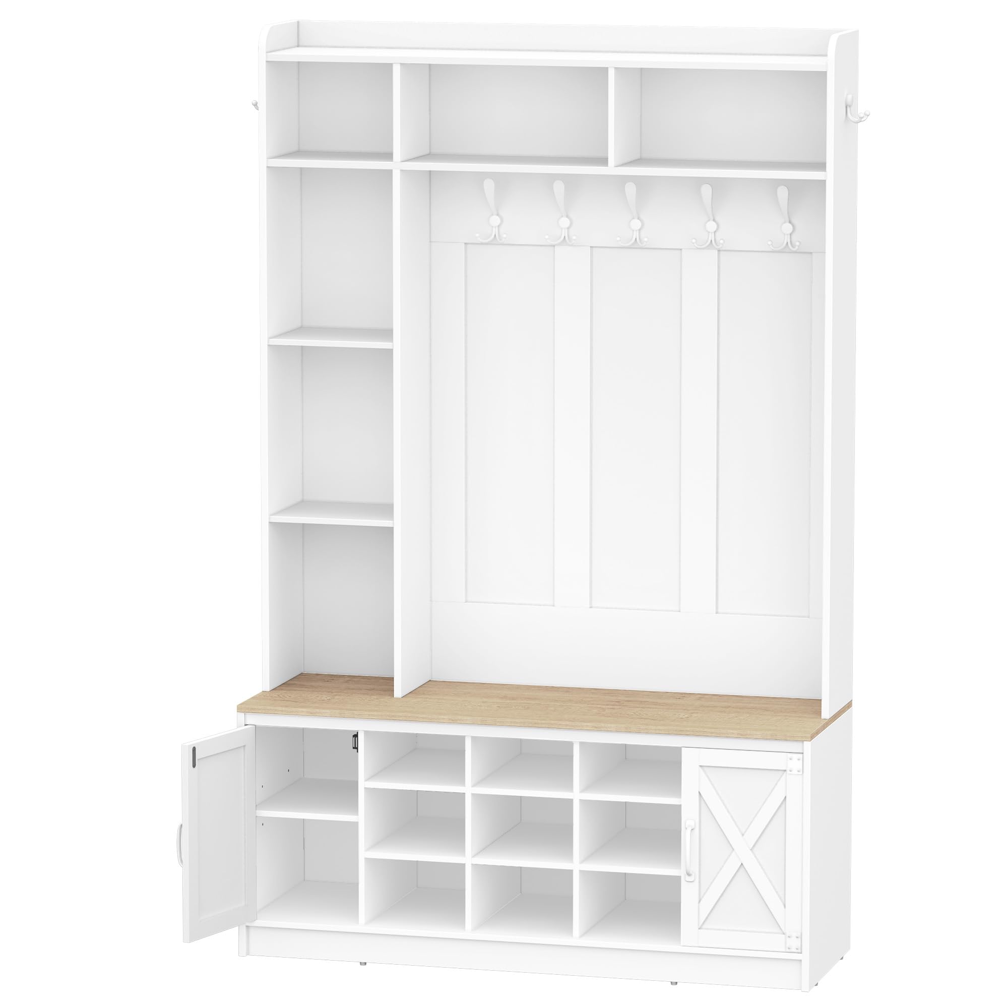 Hzuaneri Porte-Manteau avec Banc à Chaussures, LED, Blanc-Jaune | Meuble d'Entrée, Vestiaire, 7 Crochets, Étagères Réglables, pour Entrée, Couloir, 40,3 x 120 x 191 cm, HT24603XEU