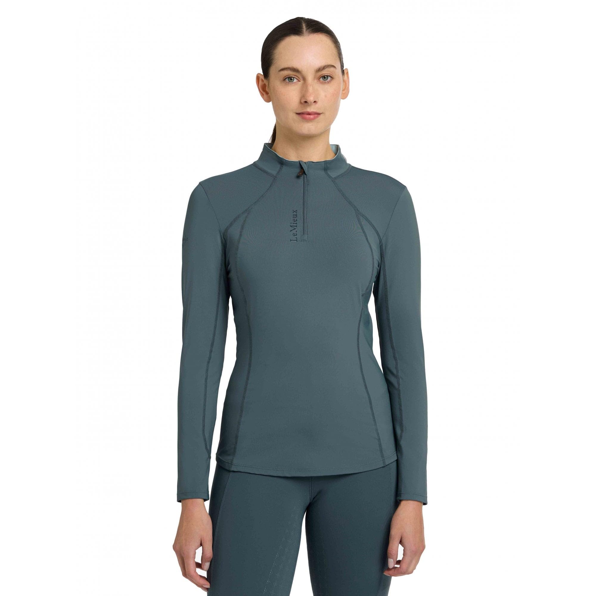 LeMieux Base Layer - Sweat Wicking Fabric - Breathable Vented Under Arms - 360 Stretch - 50+ UV Protection - Ultra Soft Seam - Flat Lock Stitching - Petrol - UK12